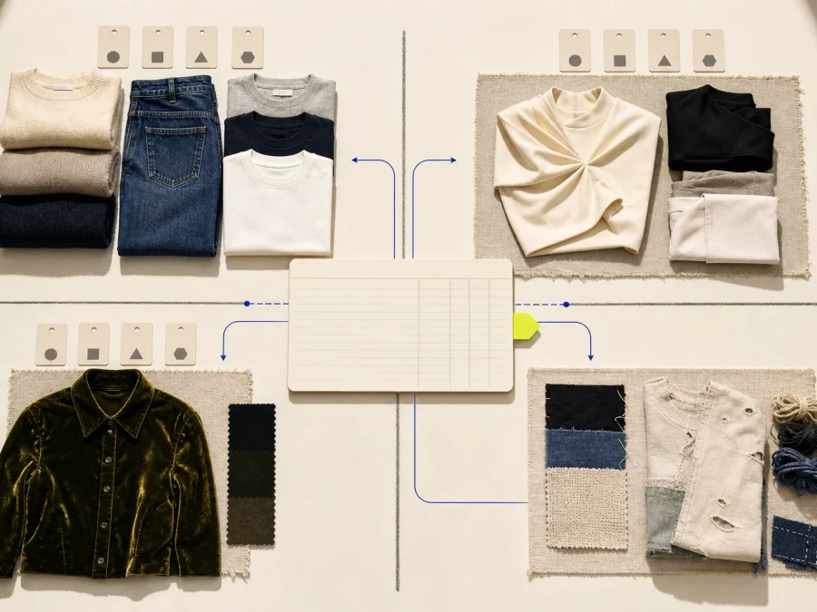A non-documentary boutique inventory study arranges core, fashion test, seasonal, and exit garment modules around a blank open-to-buy ledger.