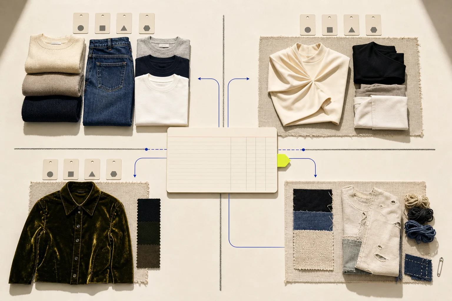 A non-documentary boutique inventory study arranges core, fashion test, seasonal, and exit garment modules around a blank open-to-buy ledger.