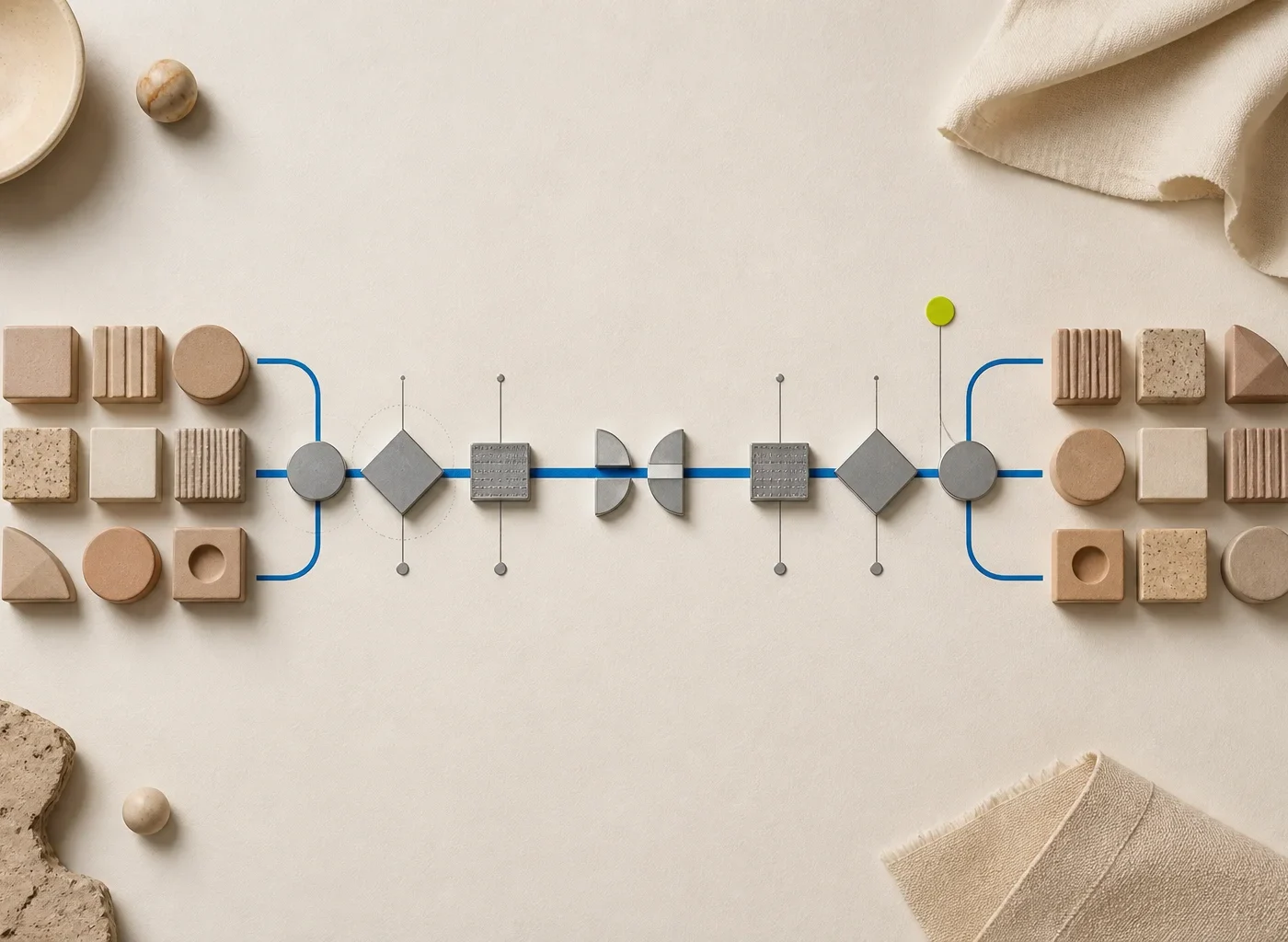 Abstract clay product groups move through cobalt paths and neutral review gates on warm paper, ending at an acid-lime human-review marker.