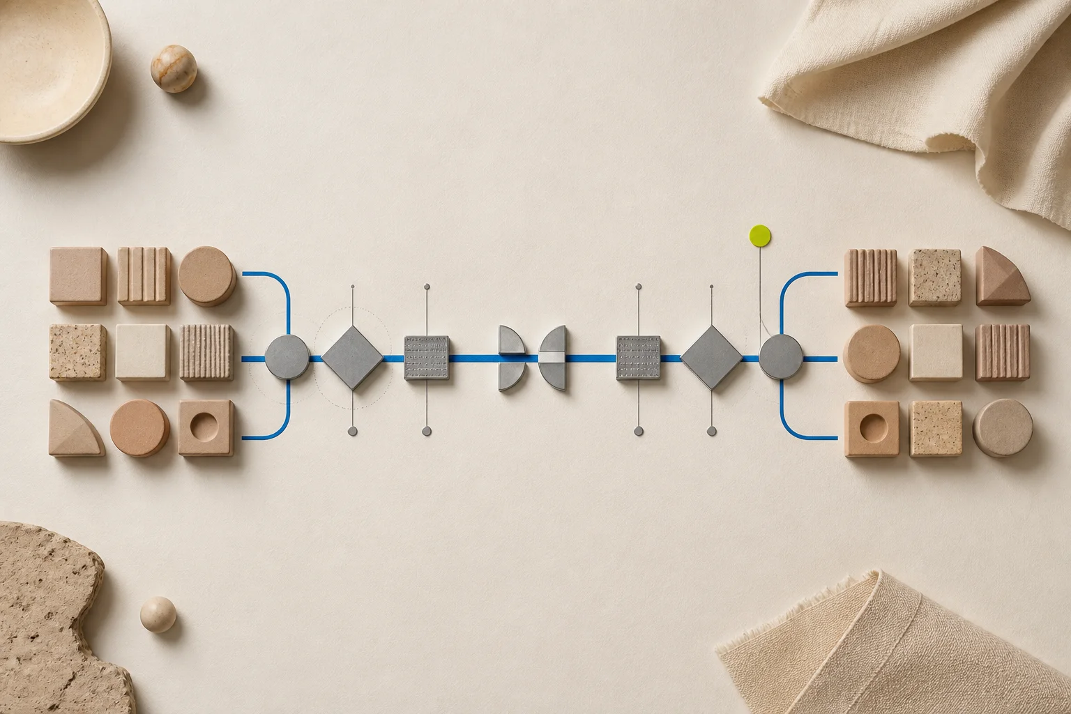 Abstract clay product groups move through cobalt paths and neutral review gates on warm paper, ending at an acid-lime human-review marker.