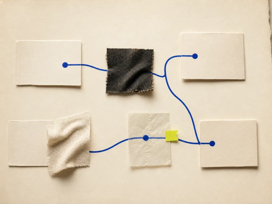 Abstract fashion swatches and blank customer cohort cards connected by a cobalt return path, with one acid-lime review marker on warm cream paper.
