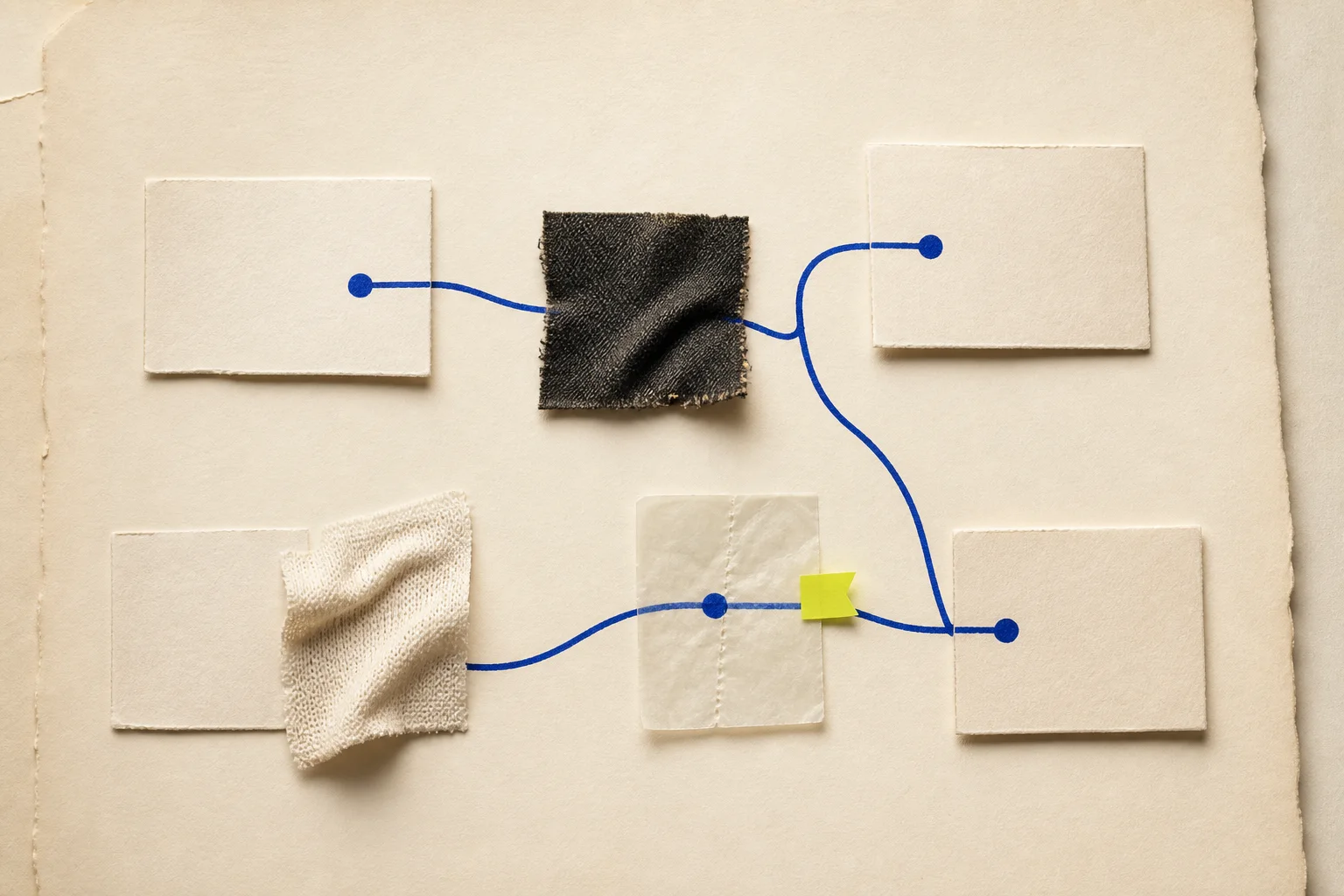 Abstract fashion swatches and blank customer cohort cards connected by a cobalt return path, with one acid-lime review marker on warm cream paper.