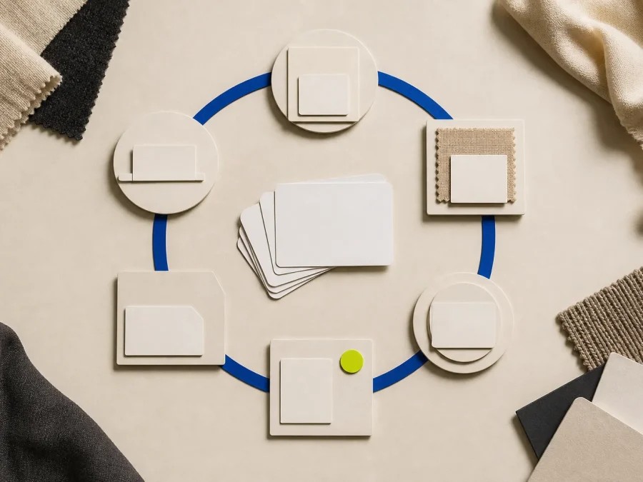 Blank membership cards, garment swatches, return loops, and service checkpoints form a cobalt circular path on cream paper with one acid-lime review marker.