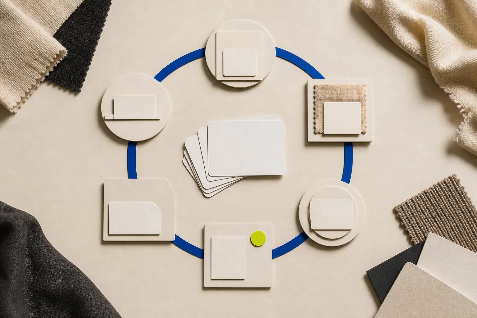 Blank membership cards, garment swatches, return loops, and service checkpoints form a cobalt circular path on cream paper with one acid-lime review marker.