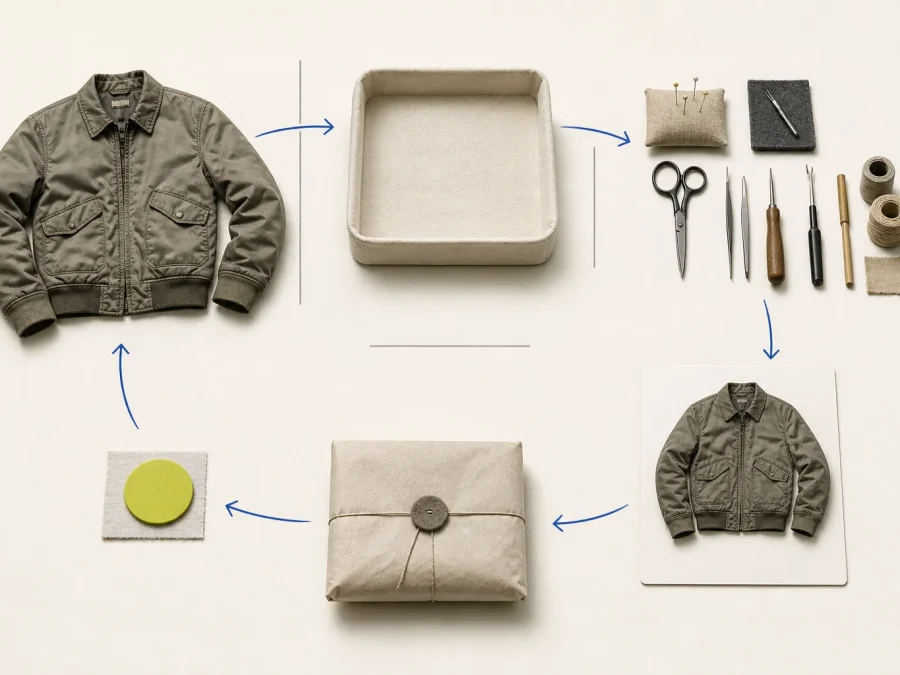 A non-documentary resale loop connects an unbranded garment, intake tray, inspection station, product record, second owner, and store-credit marker.
