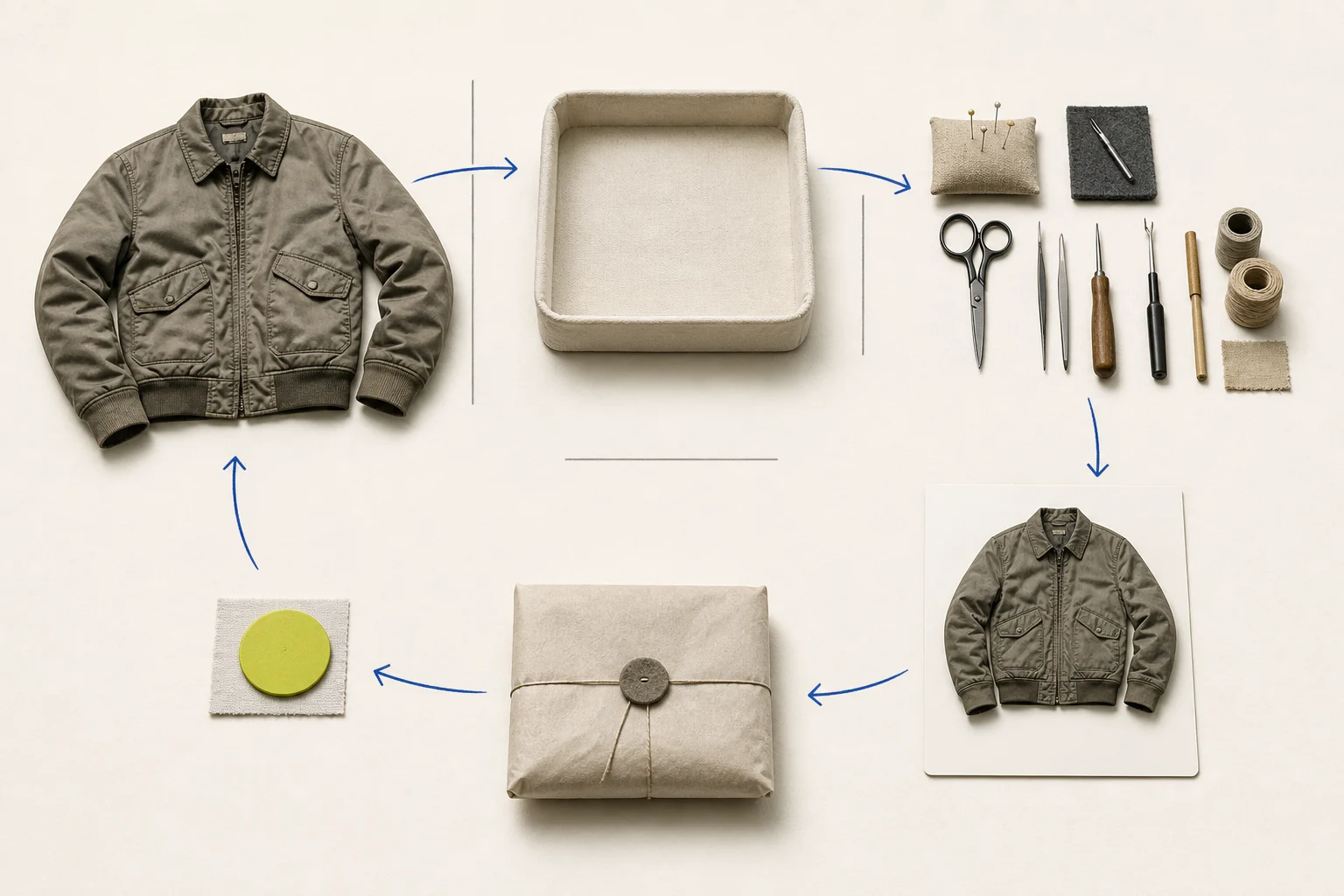 A non-documentary resale loop connects an unbranded garment, intake tray, inspection station, product record, second owner, and store-credit marker.