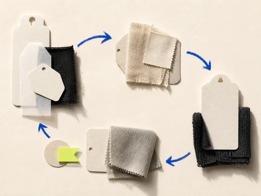 Layered abstract garment tags and folded textile swatches moving through a cobalt circular path, with one acid-lime readiness tab on cream paper.