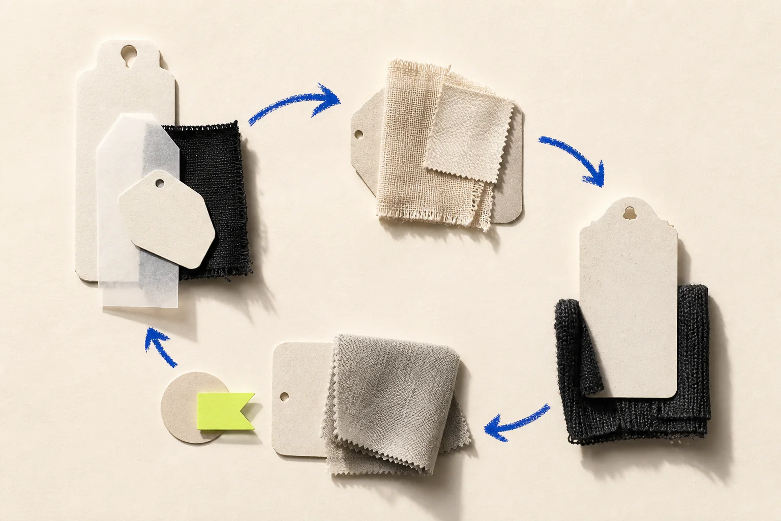 Layered abstract garment tags and folded textile swatches moving through a cobalt circular path, with one acid-lime readiness tab on cream paper.
