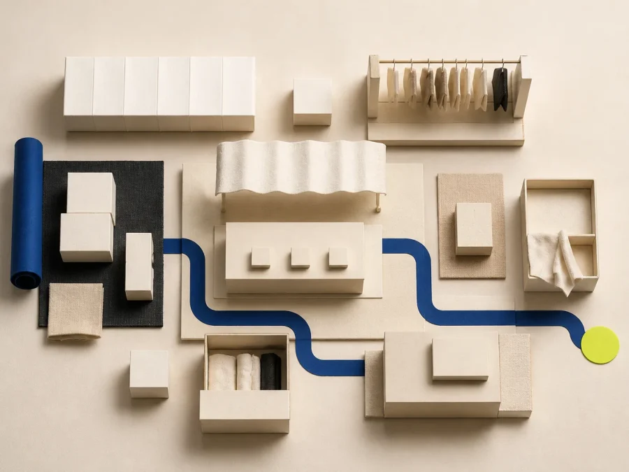 Abstract modular retail fixtures and blank operating blocks form a temporary cream-paper footprint, connected by a cobalt route and one acid-lime readiness marker.