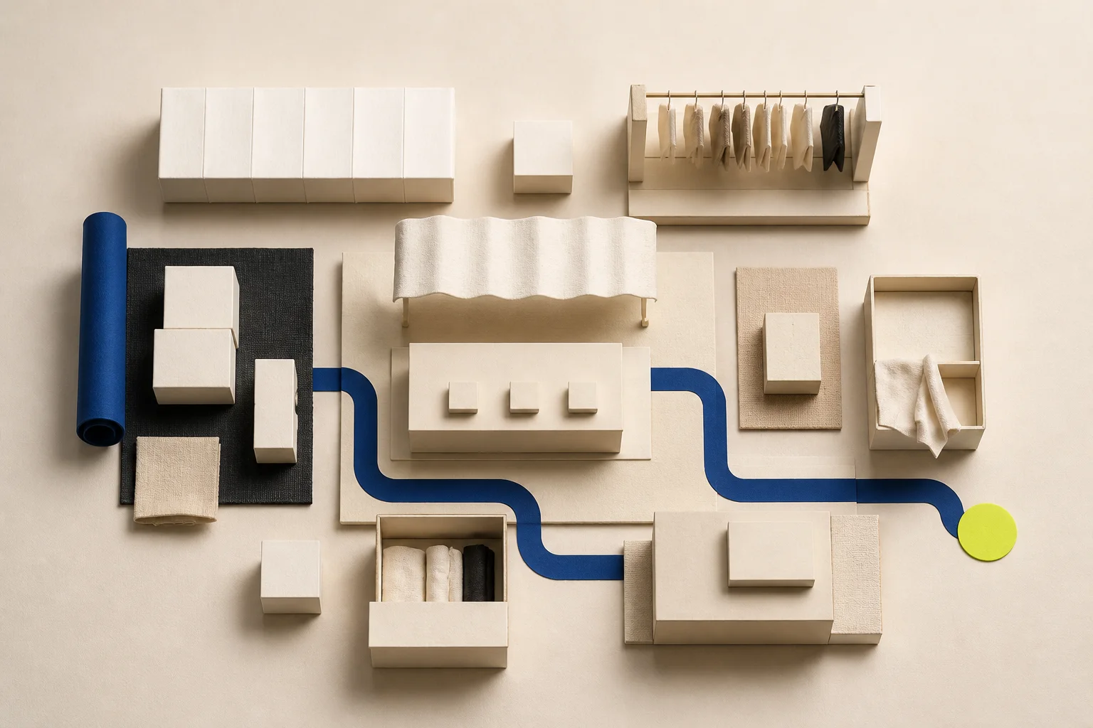 Abstract modular retail fixtures and blank operating blocks form a temporary cream-paper footprint, connected by a cobalt route and one acid-lime readiness marker.