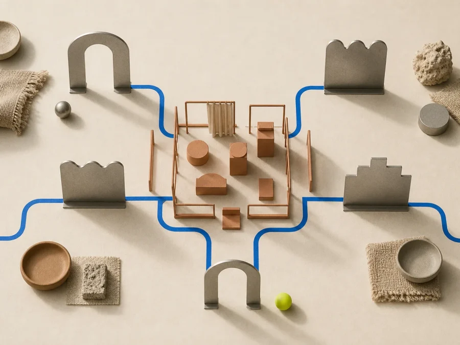 Abstract temporary retail modules move through city, venue, access, staffing, and reconciliation gates on warm paper with an acid-lime review marker.