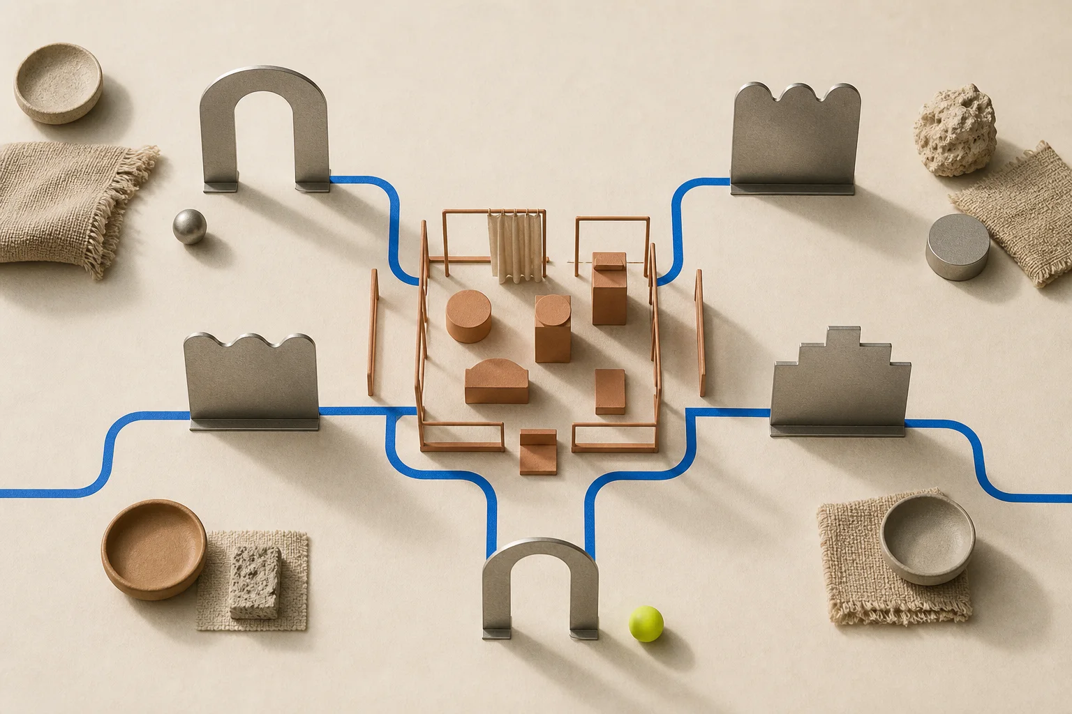 Abstract temporary retail modules move through city, venue, access, staffing, and reconciliation gates on warm paper with an acid-lime review marker.