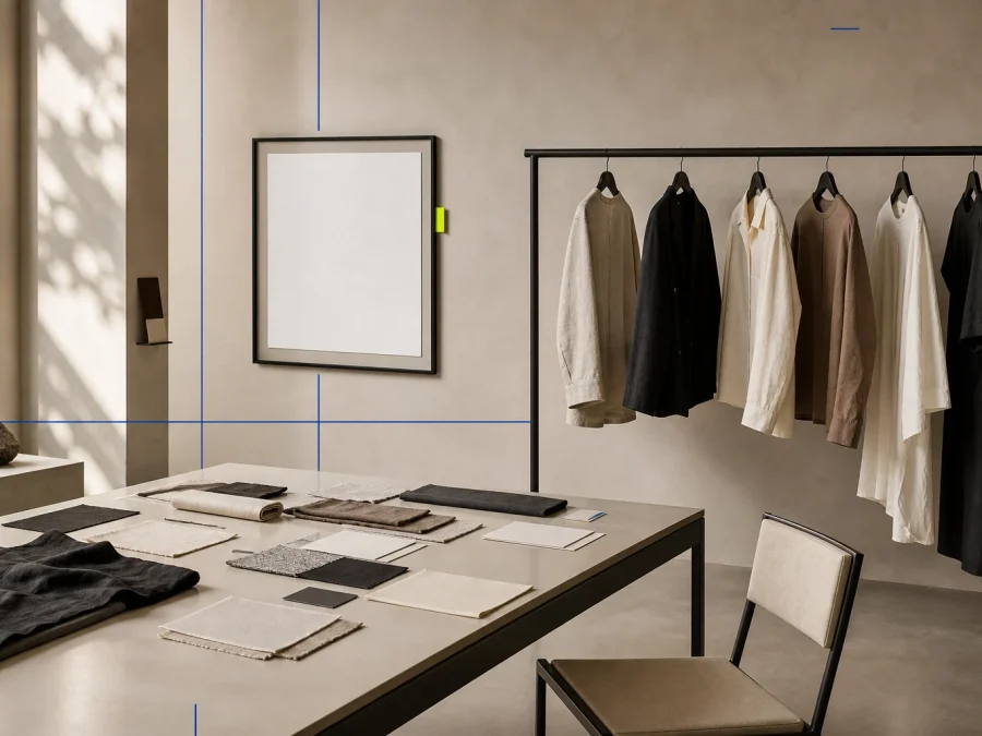 A non-documentary Los Angeles wholesale showroom concept presents unbranded garments, material swatches, a buyer rail, and blank order cards in daylight.