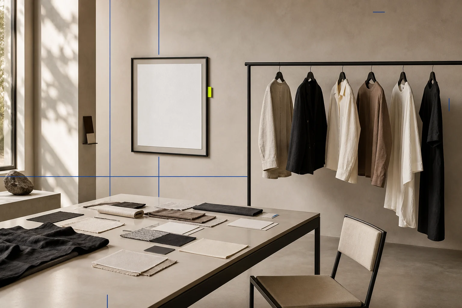 A non-documentary Los Angeles wholesale showroom concept presents unbranded garments, material swatches, a buyer rail, and blank order cards in daylight.
