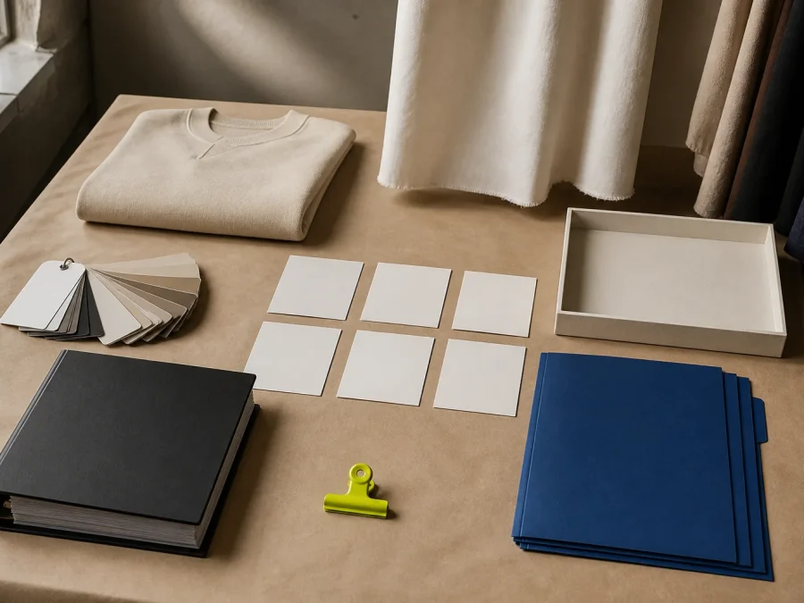Fictional wholesale appointment table with a restrained garment assortment, blank product cards, fabric swatches, cobalt folders, a black terms binder, and an acid-lime readiness tab.