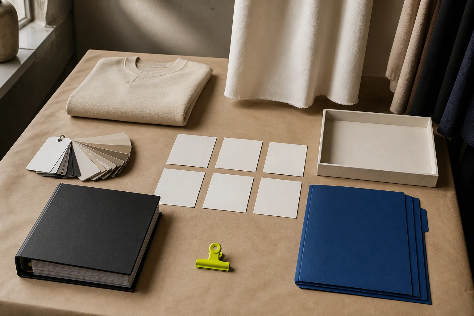 Fictional wholesale appointment table with a restrained garment assortment, blank product cards, fabric swatches, cobalt folders, a black terms binder, and an acid-lime readiness tab.