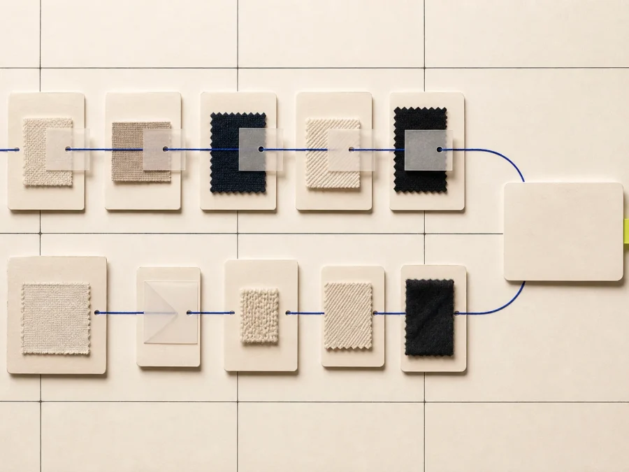 Two abstract wholesale paths built from textile cards and blank catalog modules, converging at an acid-lime review marker on a cream grid.