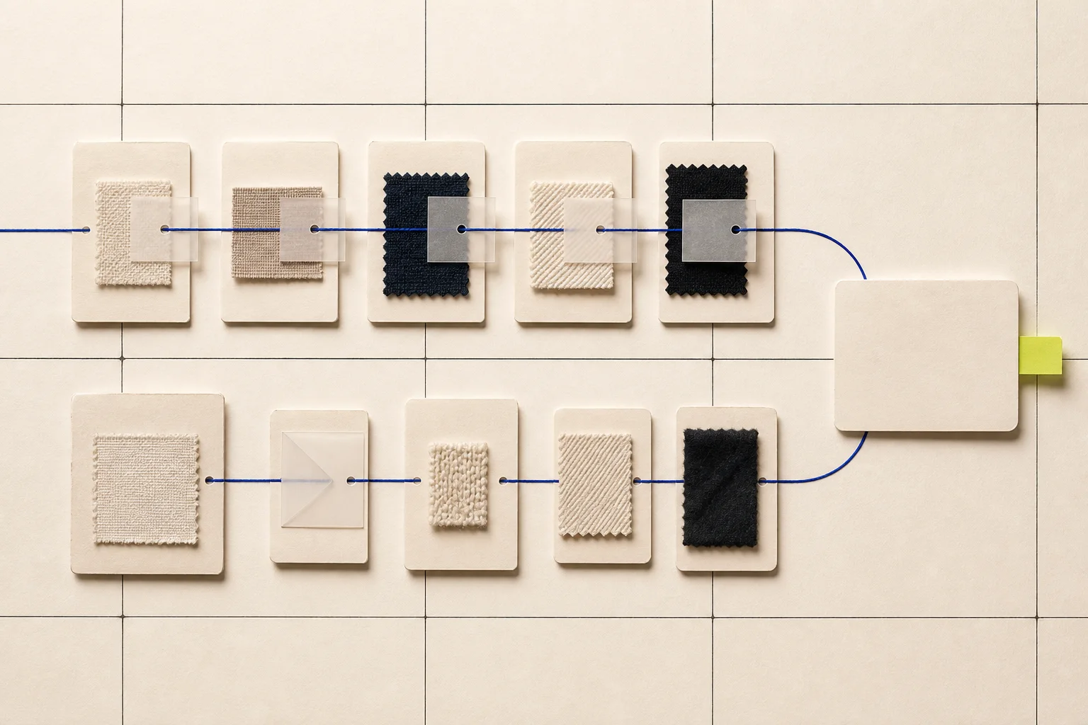 Two abstract wholesale paths built from textile cards and blank catalog modules, converging at an acid-lime review marker on a cream grid.