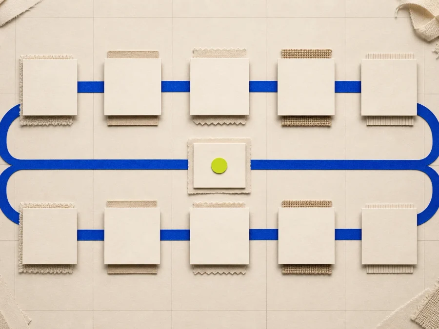 Symmetrical cream paper workflow with two cobalt lanes of blank catalog, order, shipping, return, and payout modules meeting at one acid-lime review gate.