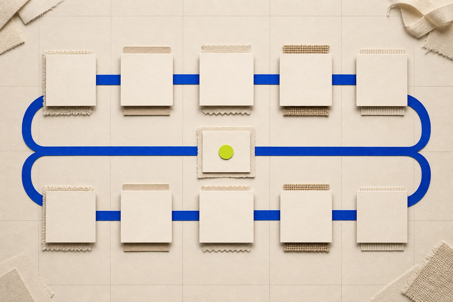 Symmetrical cream paper workflow with two cobalt lanes of blank catalog, order, shipping, return, and payout modules meeting at one acid-lime review gate.