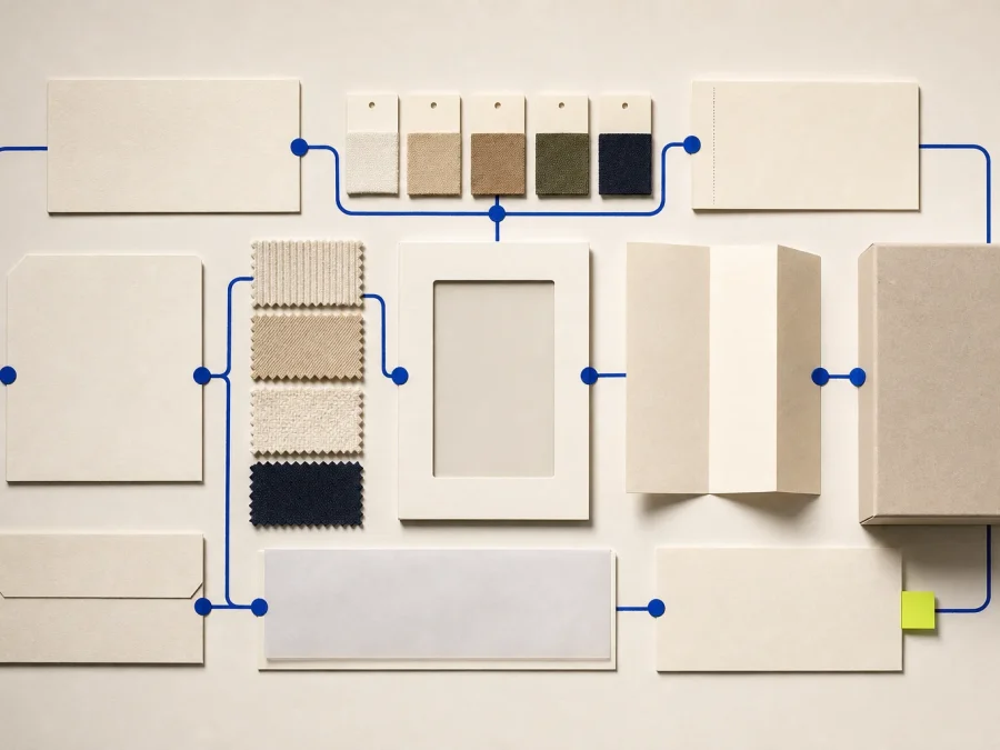 Ordered textile swatches, blank catalog cards, image frames, and variant tabs aligned on a cream grid with a cobalt data path and acid-lime review marker.