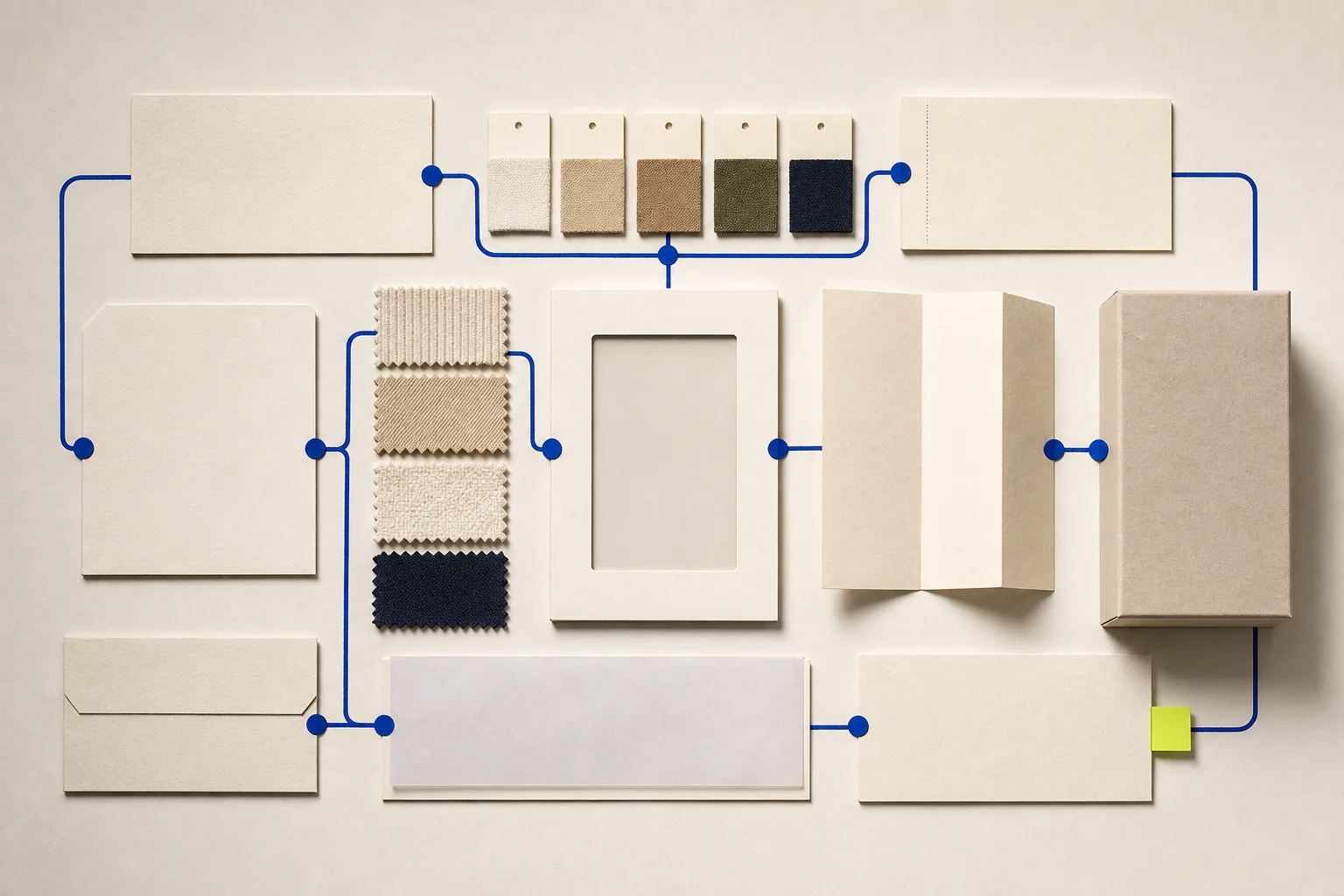 Ordered textile swatches, blank catalog cards, image frames, and variant tabs aligned on a cream grid with a cobalt data path and acid-lime review marker.
