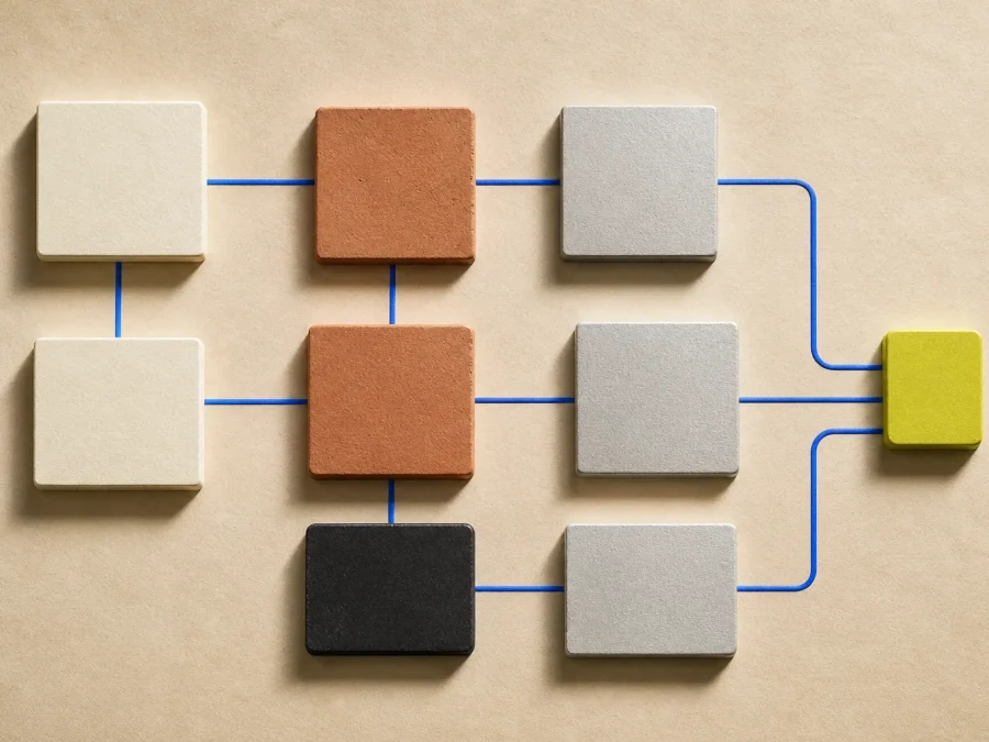Abstract blank launch modules connected across a warm-paper critical path with cobalt lines, dark hold blocks, and one acid-lime approval marker.