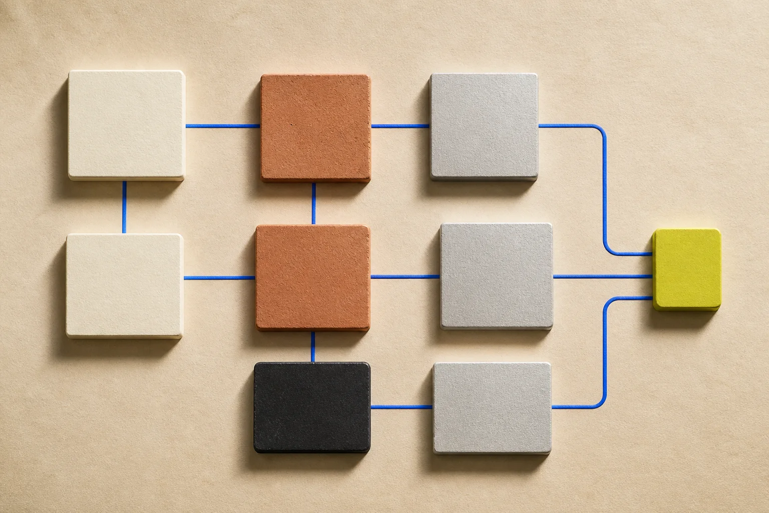 Abstract blank launch modules connected across a warm-paper critical path with cobalt lines, dark hold blocks, and one acid-lime approval marker.