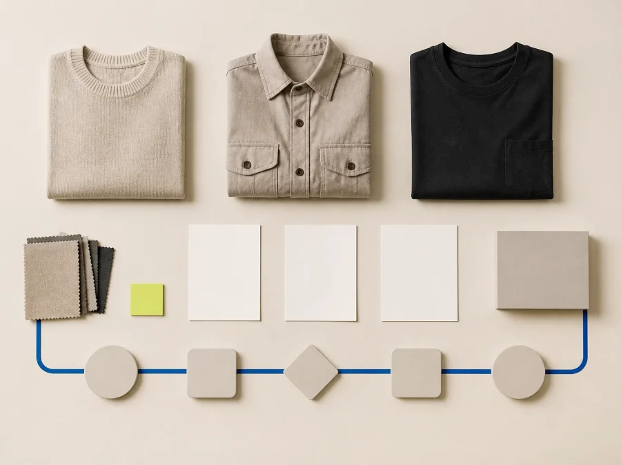 A restrained fashion launch system arranges a few neutral garments, blank product cards, material swatches, and inventory gates on warm paper with cobalt paths and one acid-lime review marker.