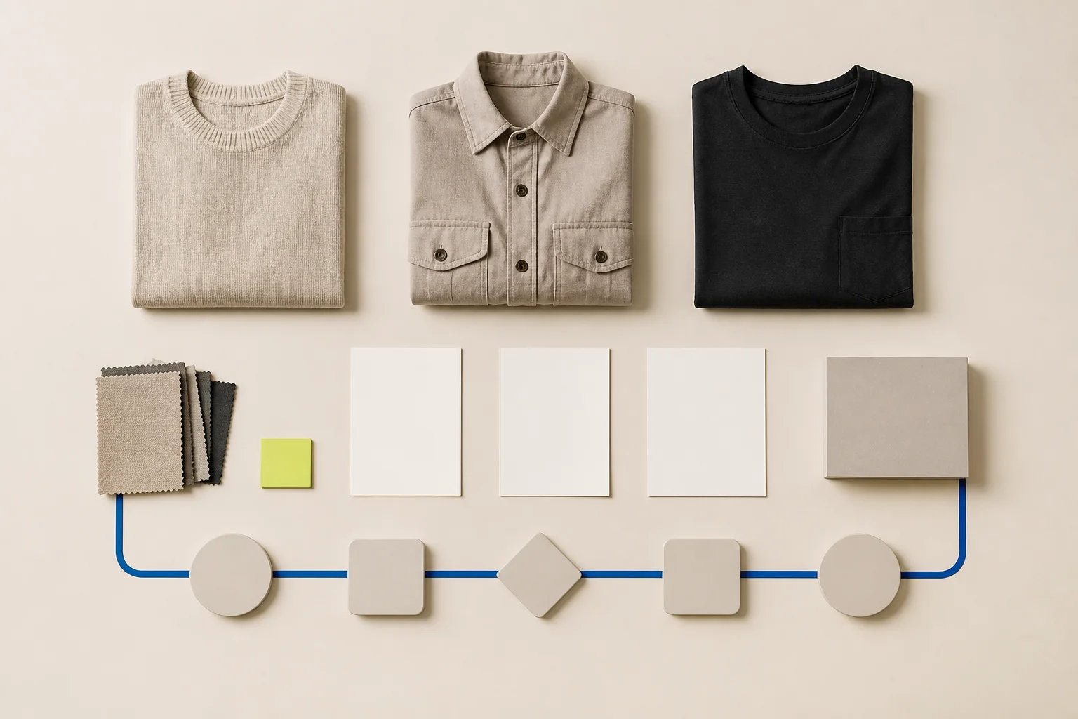 A restrained fashion launch system arranges a few neutral garments, blank product cards, material swatches, and inventory gates on warm paper with cobalt paths and one acid-lime review marker.