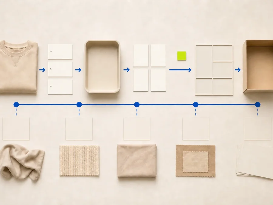 A neutral garment moves through blank return-reason, inspection, recovery, and escalation cards on warm paper with cobalt routing and one acid-lime hold marker.