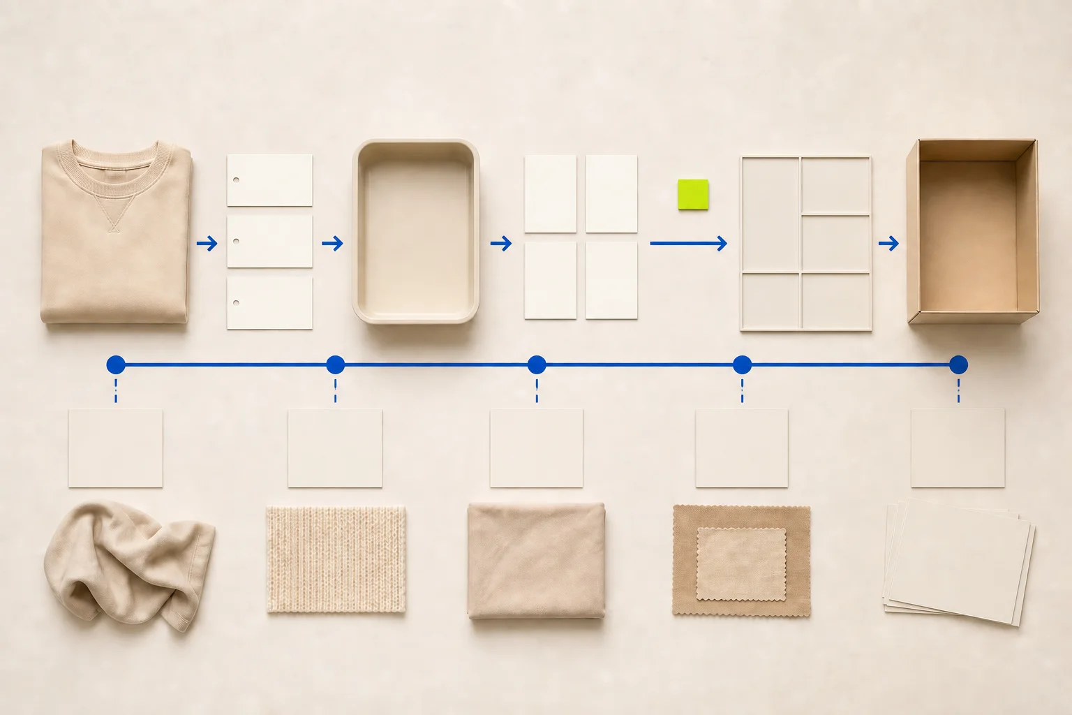 A neutral garment moves through blank return-reason, inspection, recovery, and escalation cards on warm paper with cobalt routing and one acid-lime hold marker.