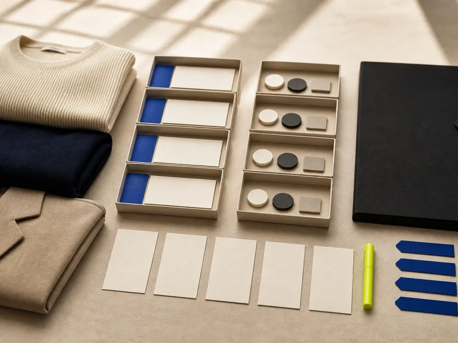 Fictional returns review scene with folded garments, unlabeled reason and disposition trays, blank evidence cards, cobalt tabs, and an acid-lime inspection marker.