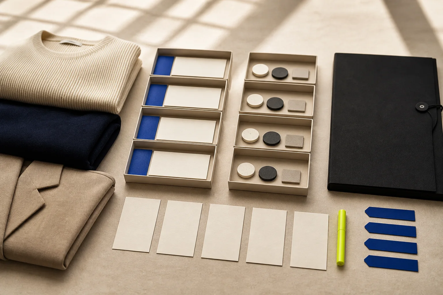 Fictional returns review scene with folded garments, unlabeled reason and disposition trays, blank evidence cards, cobalt tabs, and an acid-lime inspection marker.