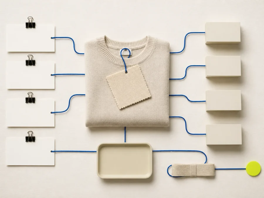 One neutral fashion product connects to several blank channel and location cards through a controlled cobalt inventory path with one acid-lime exception marker.