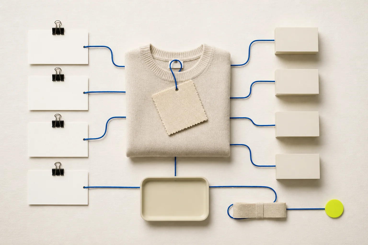 One neutral fashion product connects to several blank channel and location cards through a controlled cobalt inventory path with one acid-lime exception marker.