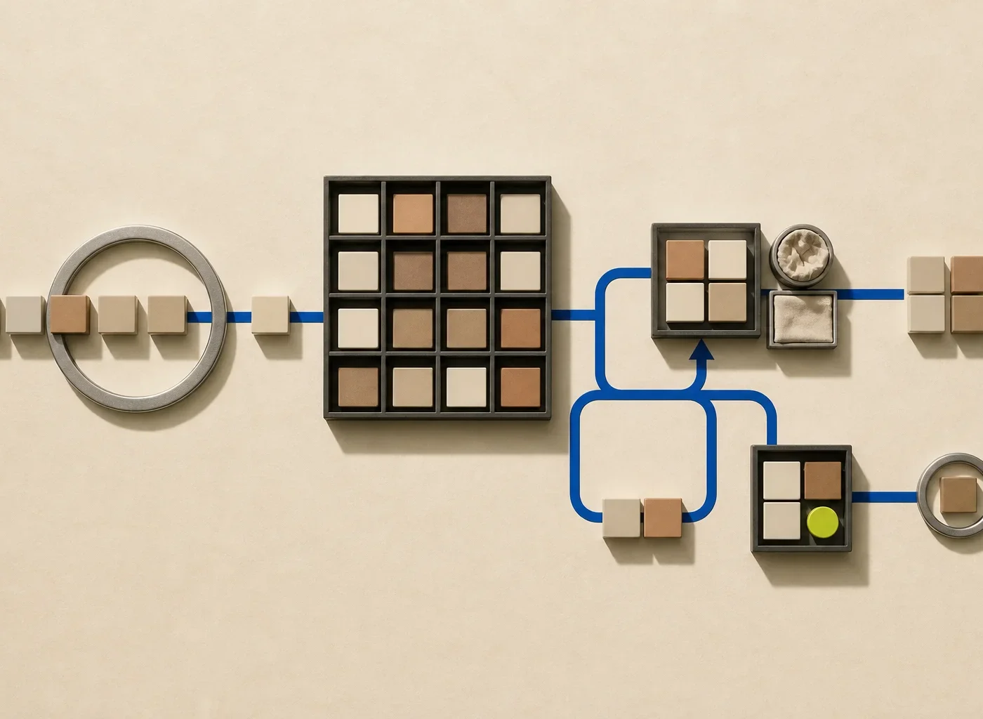 Abstract apparel inventory units move through receiving, storage, fulfillment, returns, and recall paths on warm paper with an acid-lime review marker.