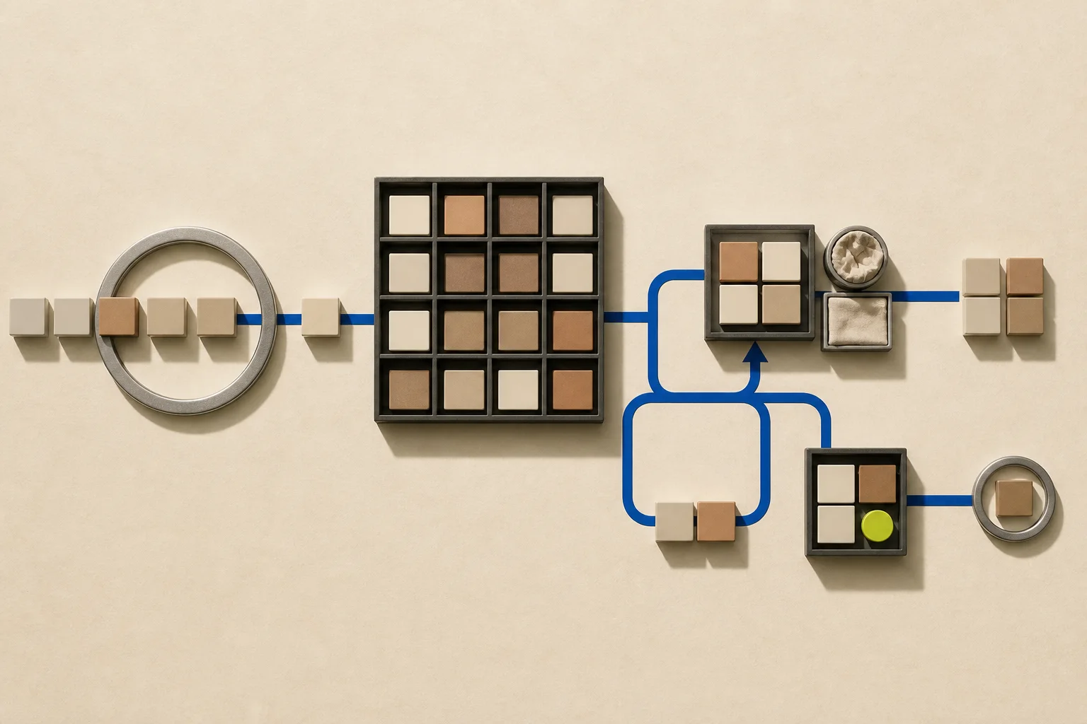 Abstract apparel inventory units move through receiving, storage, fulfillment, returns, and recall paths on warm paper with an acid-lime review marker.