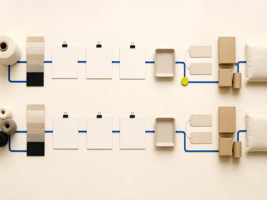 Two abstract apparel supply routes connect blank material, production, quality, origin, and delivery checkpoints on warm paper with cobalt lines and an acid-lime review marker.