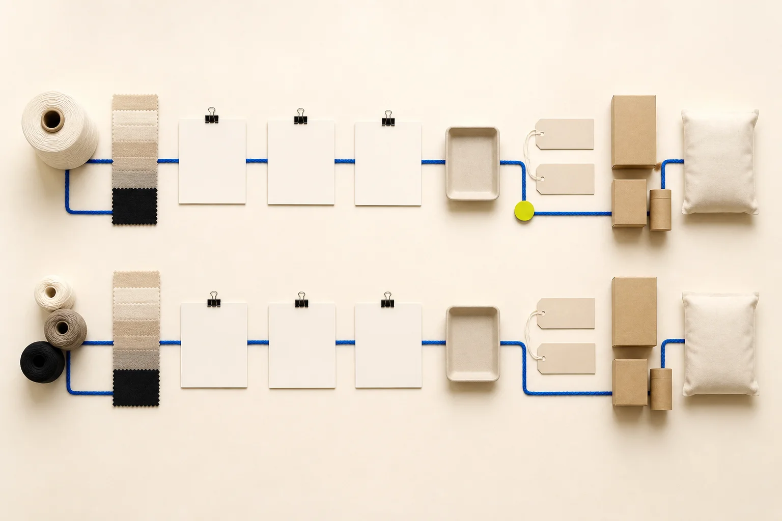Two abstract apparel supply routes connect blank material, production, quality, origin, and delivery checkpoints on warm paper with cobalt lines and an acid-lime review marker.
