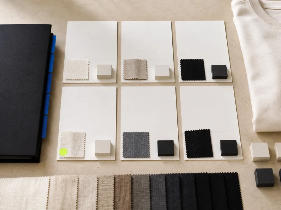 Fictional wholesale line-sheet desk with blank product cards, fabric and color swatches, order-unit blocks, cobalt page dividers, and an acid-lime completeness marker.