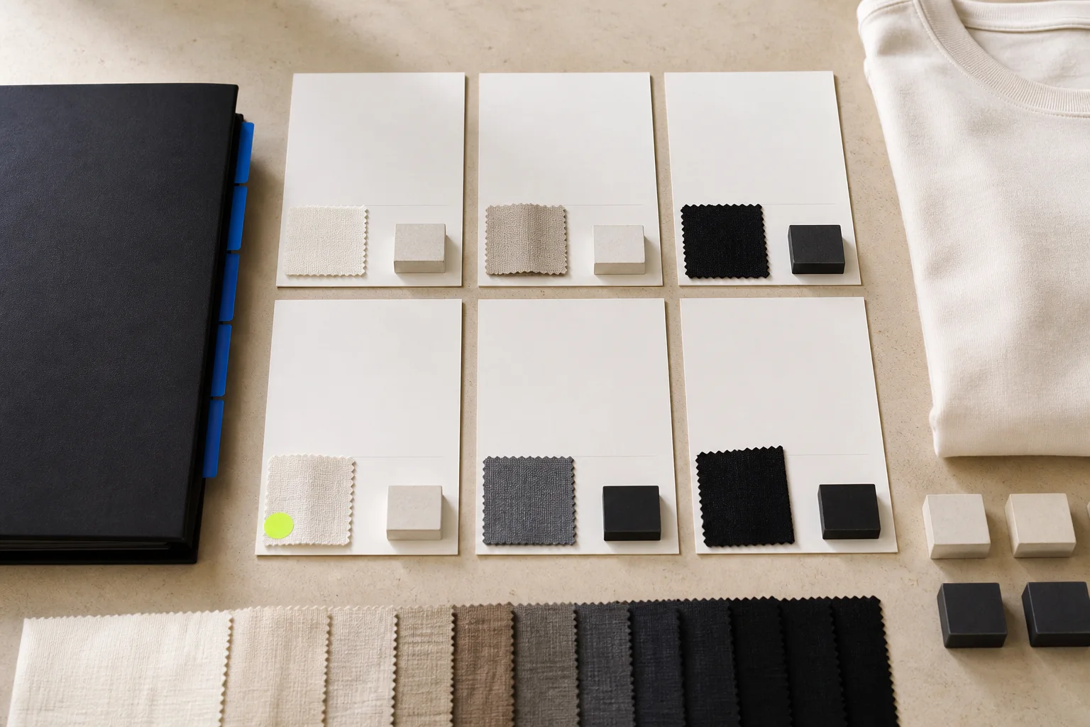 Fictional wholesale line-sheet desk with blank product cards, fabric and color swatches, order-unit blocks, cobalt page dividers, and an acid-lime completeness marker.