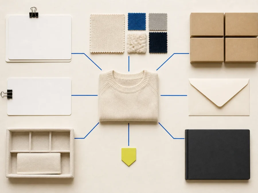 A compact fashion business operating system links blank product, sourcing, inventory, service, finance, and security cards on warm paper with cobalt paths and one acid-lime escalation marker.