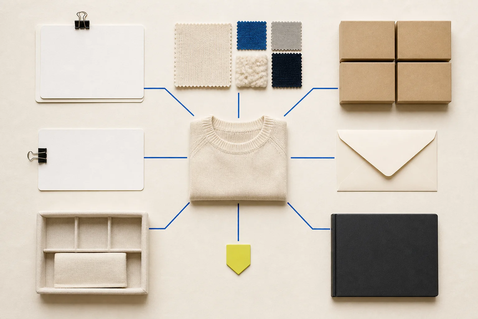 A compact fashion business operating system links blank product, sourcing, inventory, service, finance, and security cards on warm paper with cobalt paths and one acid-lime escalation marker.