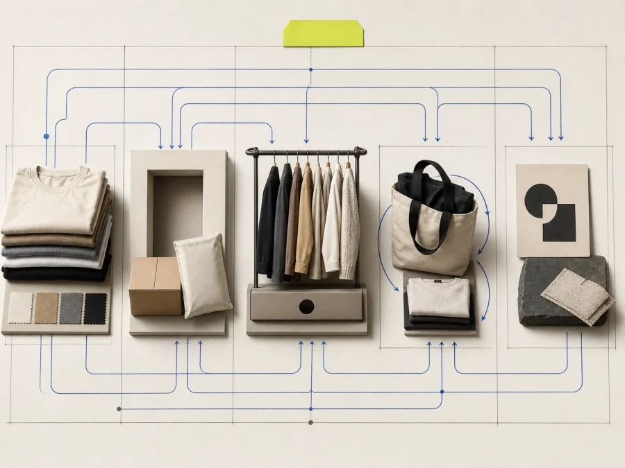A non-documentary comparison study uses five unbranded garment and business-operation modules linked by cash, inventory, customer, and control paths.