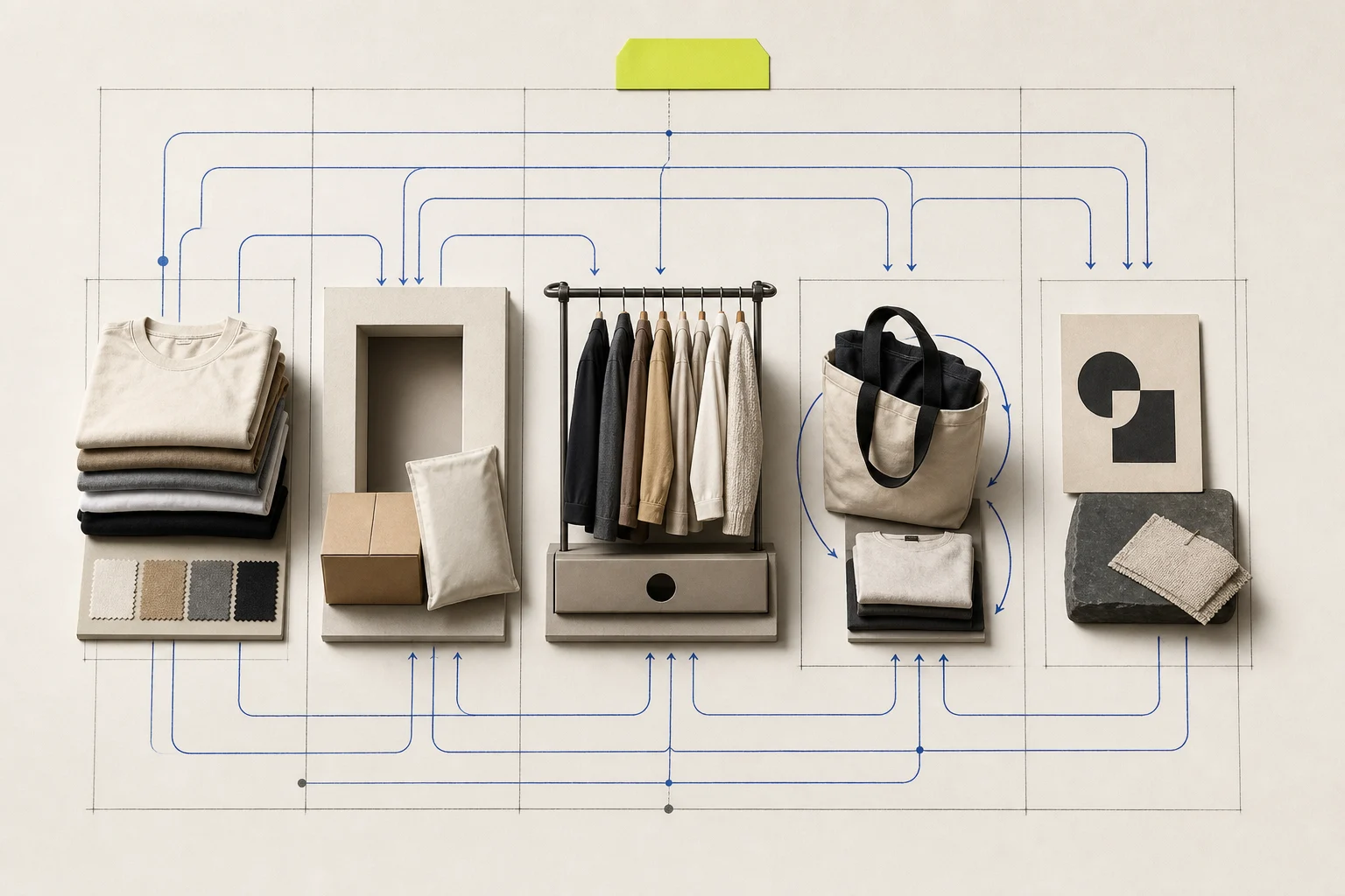 A non-documentary comparison study uses five unbranded garment and business-operation modules linked by cash, inventory, customer, and control paths.