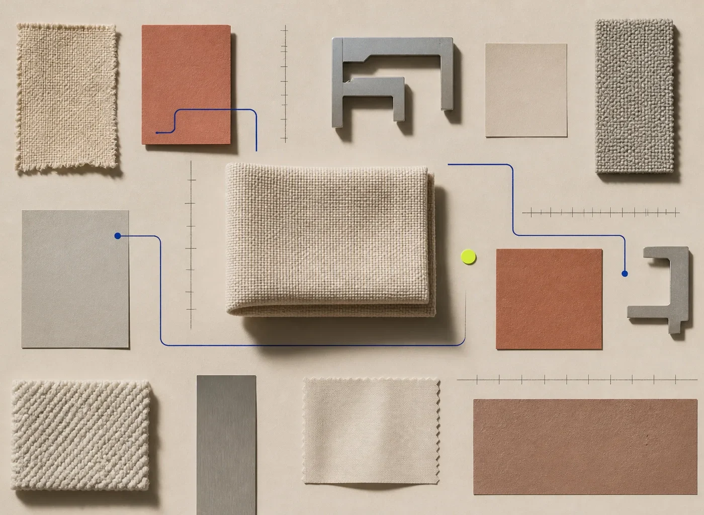Abstract woven material swatches aligned with blank cream specification modules, cobalt measurement paths, dark open fields, and an acid-lime textile-review marker.