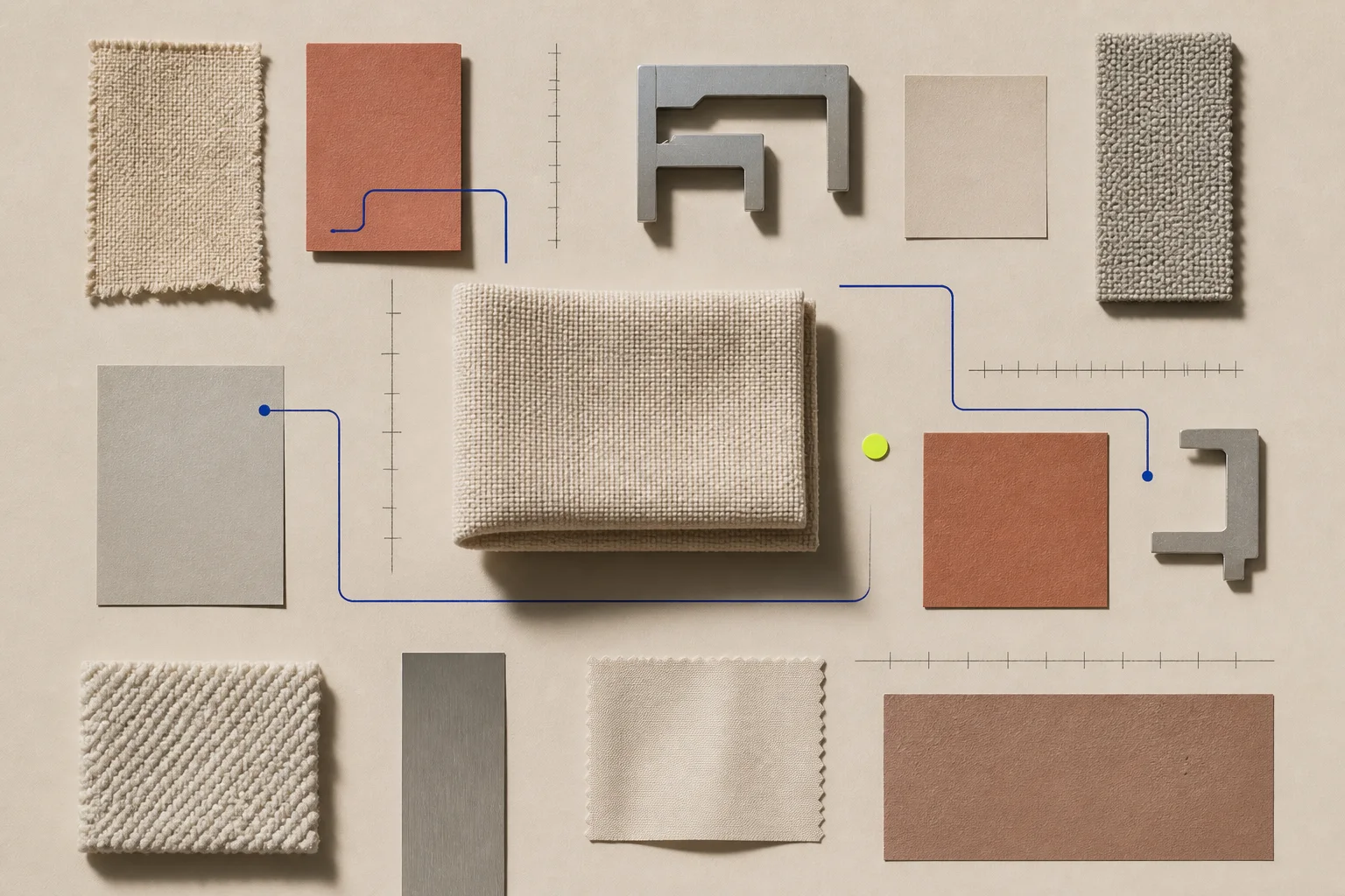 Abstract woven material swatches aligned with blank cream specification modules, cobalt measurement paths, dark open fields, and an acid-lime textile-review marker.