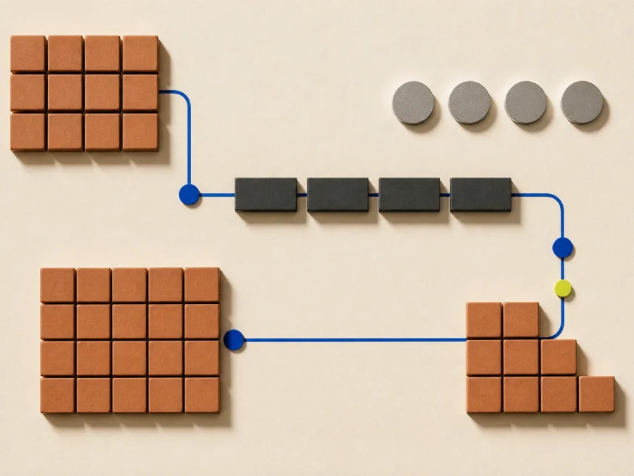 Abstract order, color, and time modules interlocking on warm paper through cobalt constraint paths, with dark hold blocks and an acid-lime sourcing-review tab.