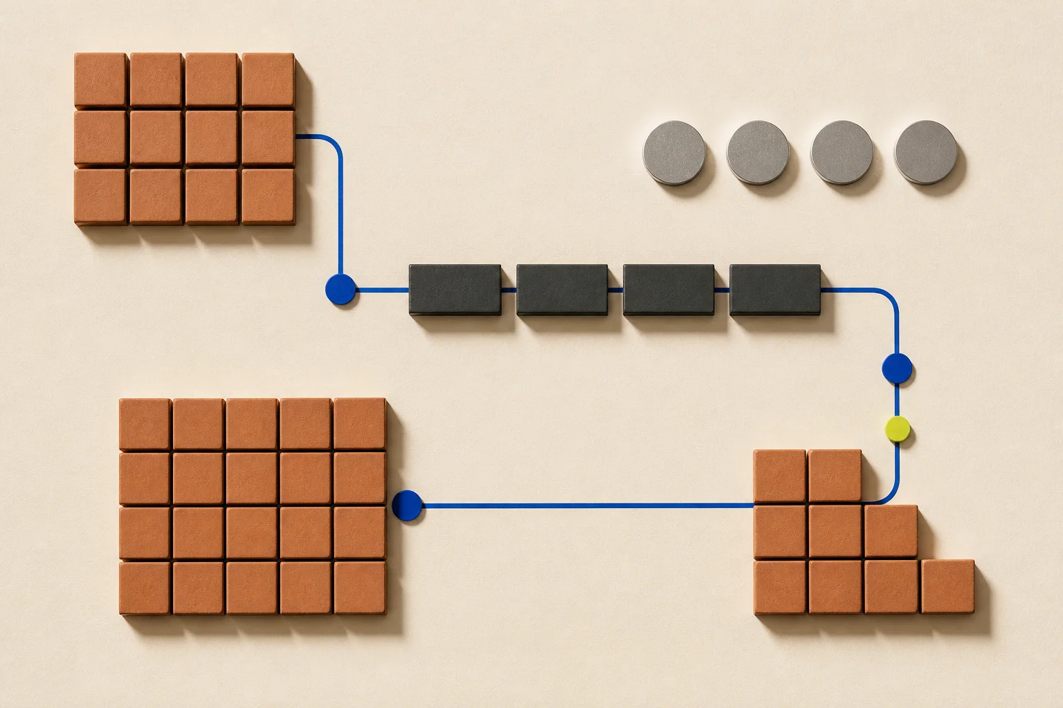Abstract order, color, and time modules interlocking on warm paper through cobalt constraint paths, with dark hold blocks and an acid-lime sourcing-review tab.